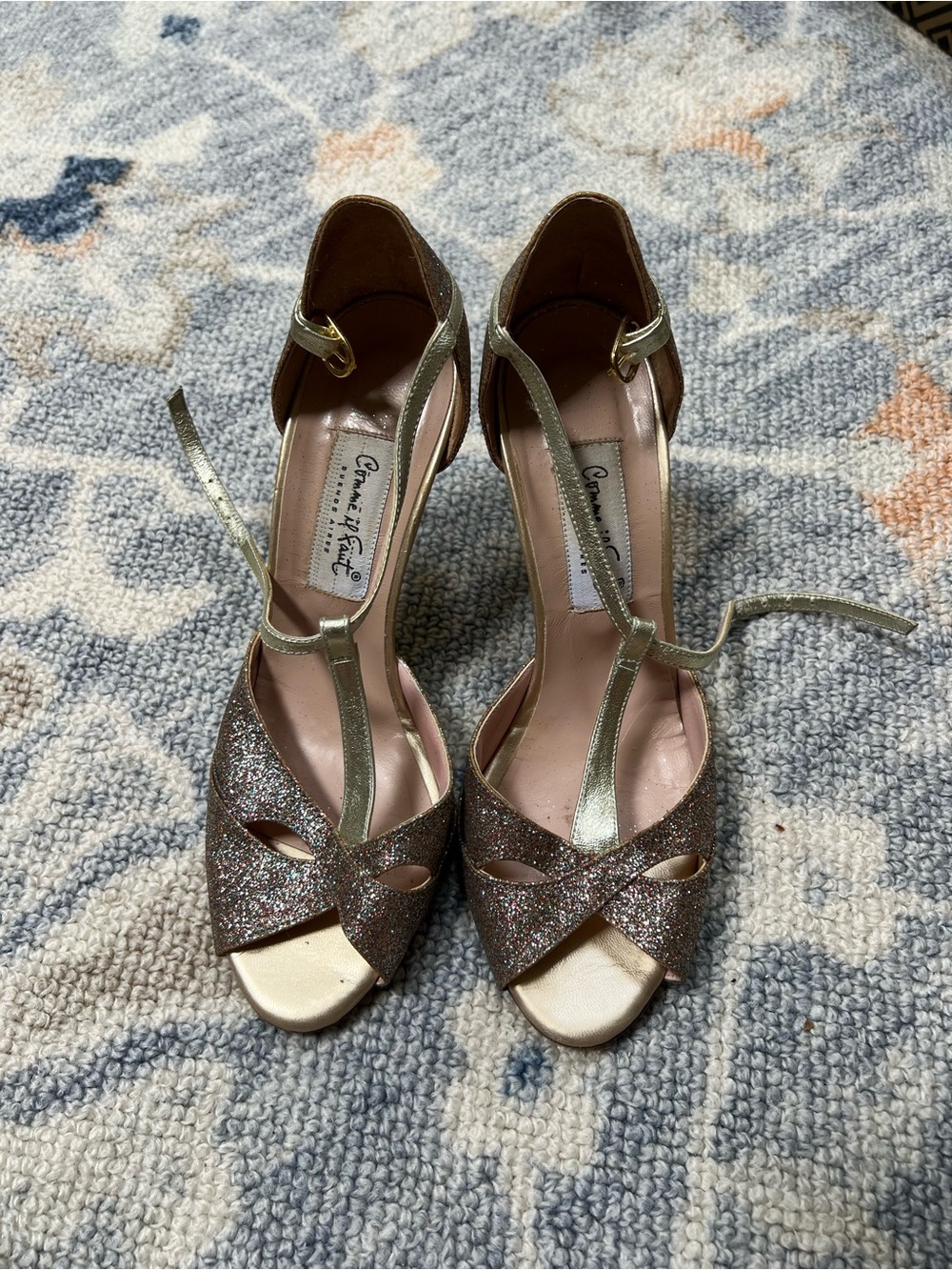 Comme Il Faut Tango Rose Gold Glitter T‑Strap Peep Toe Heels